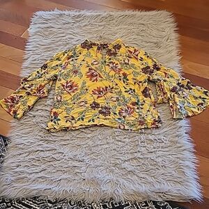 Angie womens boho mustard yellow floral print flowy long sleeve shirt size large